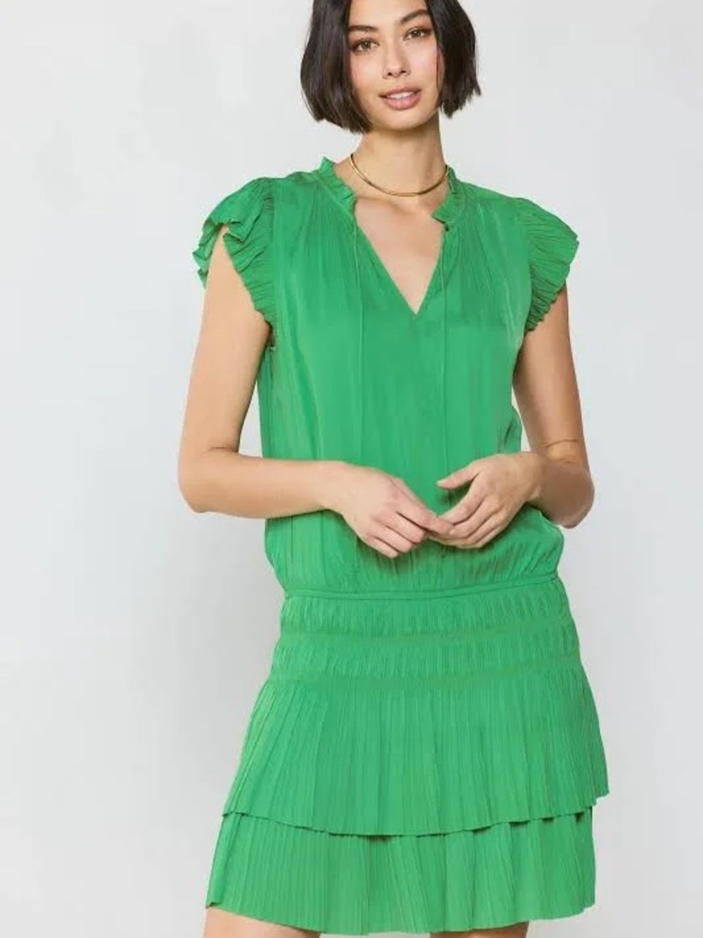 Current Air Zoey - Green Pleated Mini Dress with Smocked Waist